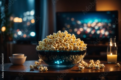 Popcorn in a glass bowl on the background of a TV screen.