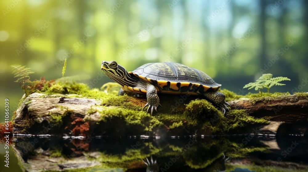 Fototapeta premium A captivating composition of a little turtle basking on a moss-covered log in a tranquil pond, against a blurred aquatic backdrop, offering an enchanting scene for adding text. AI generated.