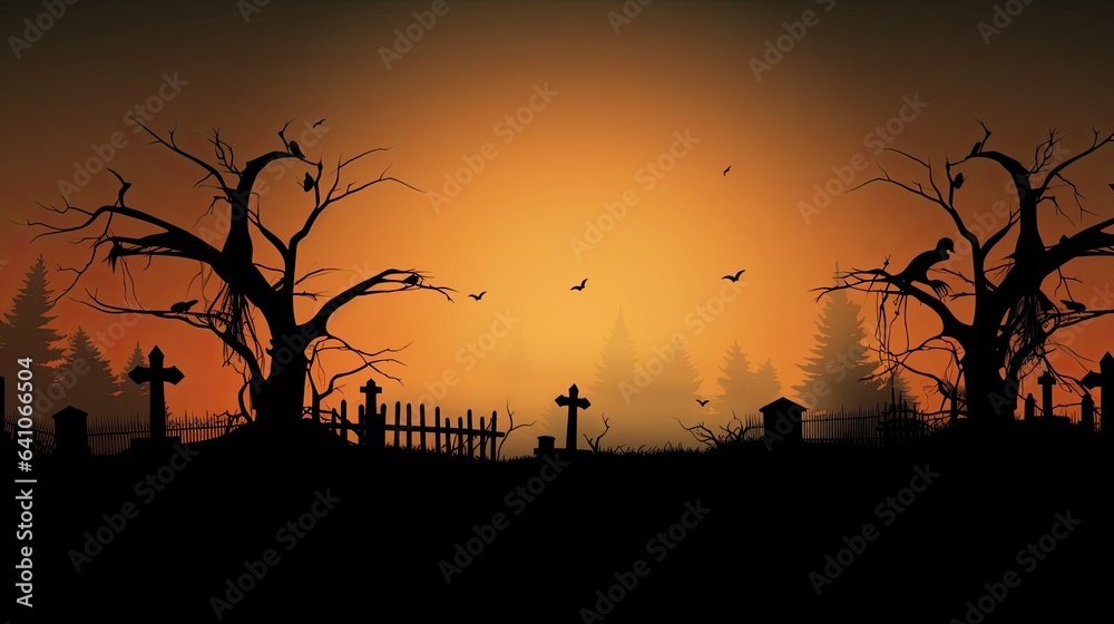 Dark and mysterious graveyard silhouette against a cloudy moonlit sky. Perfect for Halloween-inspired designs.