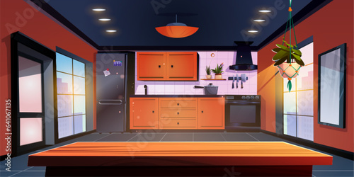 Kitchen interior in modern urban apartment. Vector cartoon illustration of spacious dining room with orange furniture and black household appliances, wooden table, morning cityscape view in window
