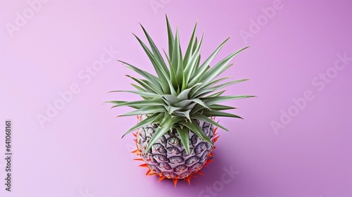 A composition of a sliced pineapple and its leaves on a light lavender background, creating an aesthetically pleasing arrangement with room for adding text. AI generated.