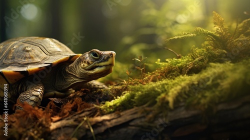 A curious turtle exploring a pile of fallen branches, set against a textured forest floor, with dappled sunlight filtering through the trees. AI generated.