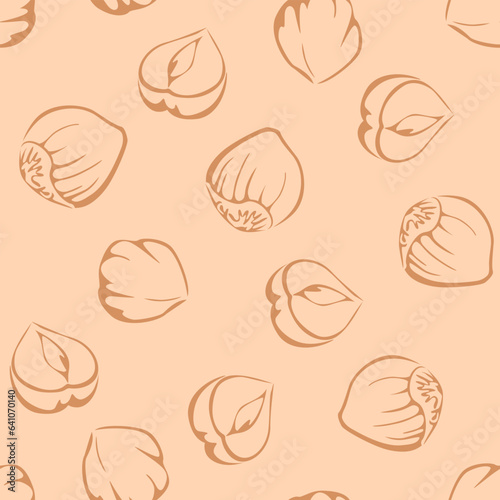 Seamless pattern with hazelnuts. Line art vector illustration. Healthy organic food background. 