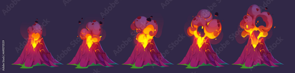 Volcano with lava eruption animation vector illustration. Volcanic magma isolated sprite sheet drawing icon. Outdoor tectonic island with exploding smoke of vulcano mountain landscape element set