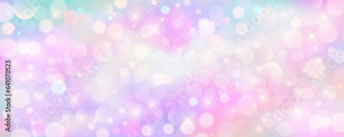 Purple unicorn background. Pastel watercolor sky with glitter stars and bokeh. Fantasy galaxy with holographic texture. Magic marble space. Vector