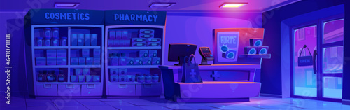 Night vector pharmacy store interior with counter illustration. Retail point with shelves for medicine drug, antibiotic and pill treatment. healthcare service design with window and door near lamp