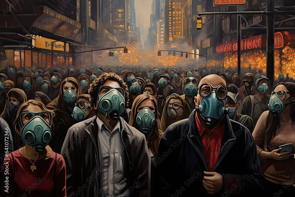 People in gas masks in New York City, USA. 3D rendering, Celebrate resilience and unity during the COVID-19 pandemic, AI Generated