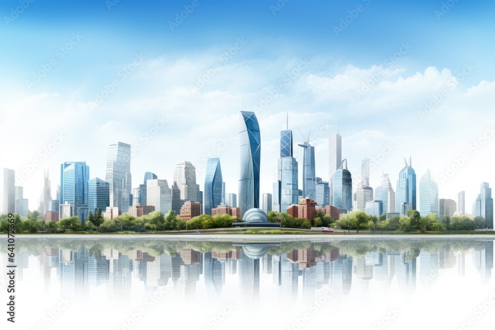 Modern city landscape with skyscrapers and lake illustration. CBD skyline full city view and tall financial buildings in Beijing, China. white background, AI Generated