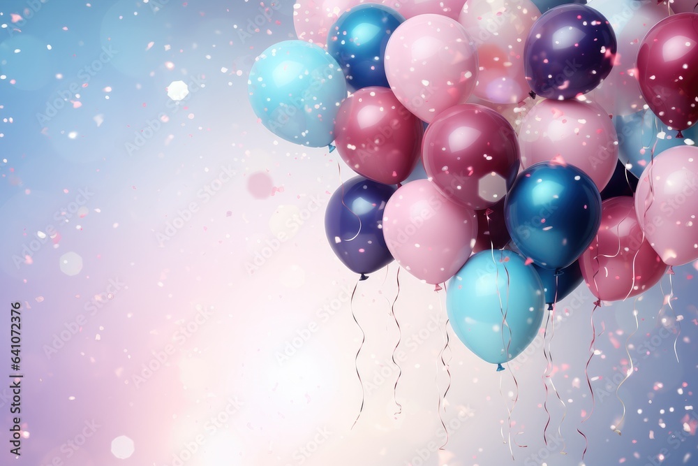Colorful balloons on blue bokeh background. 3D Rendering, Celebratory background with pink and blue balloons, confetti, sparkles, lights, AI Generated Colorful balloons on blue bokeh background. 3D Rendering, Celebratory background with pink and blue balloons, confetti, sparkles, lights, AI Generated