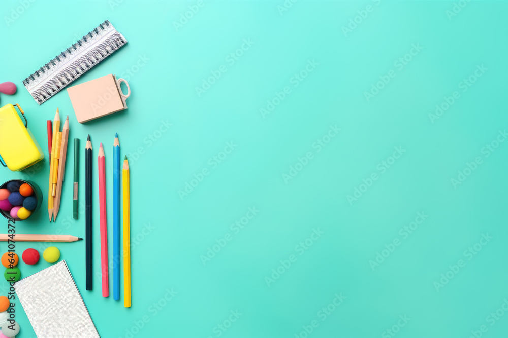 Top view of school supplies, colorful stationary on green background. Back to school concept. Flat lay Top view of school supplies, colorful stationary on green background. Back to school concept. Flat lay