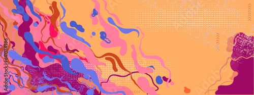Abstract retro liquid banner with grunge texture, brushstroke and halftone style.