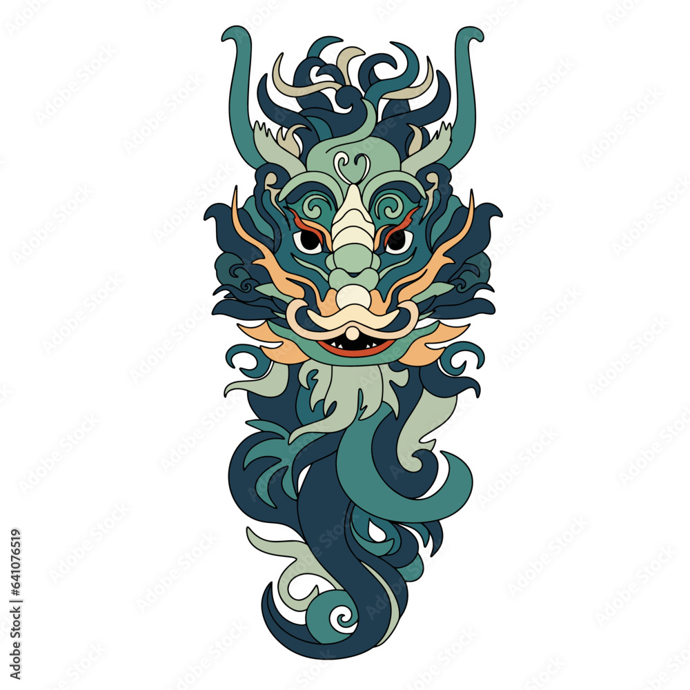 Traditional dragon head. Green dragon head isolated on white background. Chinese dragon head colored outline. Vector illustration.