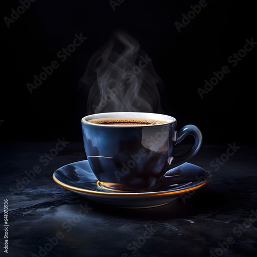 Hot cup of coffee in dark background, porcelain cup steaming out