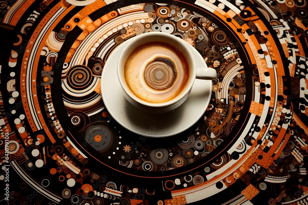 cappuccino, cup of coffee on beautiful pattern table,