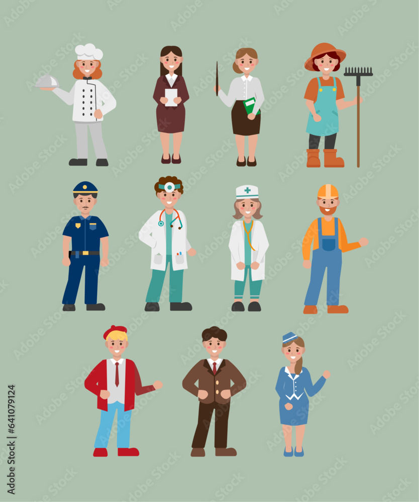 10 professions in a flat style. Teacher, doctor, politician, policeman, cook, stewardess, artist, builder, nurse, reporter, gardener. Vector illustration