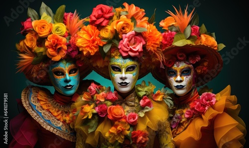 Photo of two women in vibrant costumes adorned with floral headpieces