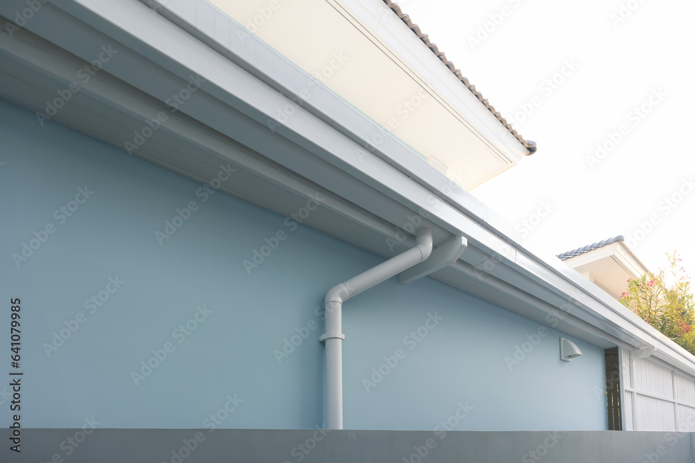 Rain gutter install on steel structure, connect to pvc downpipe or