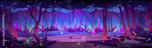 Night forest landscape with lake or swamp in moonlight with glowing fireflies. Fantasy woods landscape in cartoon vector illustration. Magic trees and bushes on banks of pond or river in woodland.