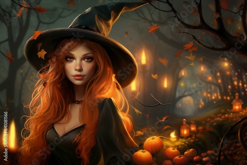 A red-haired witch wearing a classic witch's hatstand. Witch in magical forest filled with pumpkins and candles.The illustration of the essence of Halloween and pagan rituals, a realm where magic and 