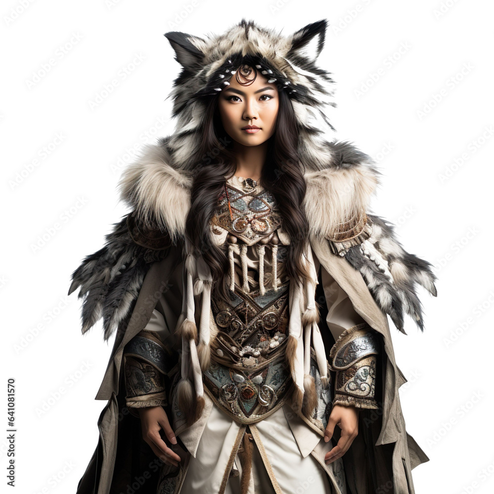 Halloween costumes -  Front view mid shot of Asian woman dressed as werewolf isolated on white transparent background