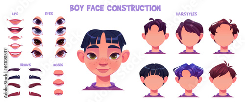 Asian teen boy face construction set isolated on white background. Vector cartoon illustration of male avatar head, hairstyles collection, pack of lips with different emotions, eyes, brows and noses