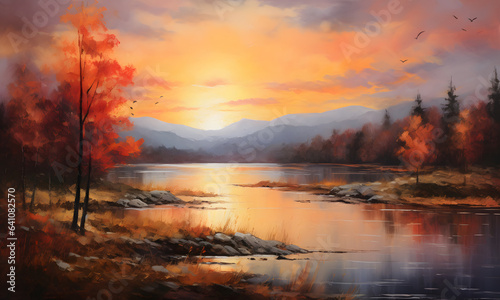 Sunset Lake - a landscape with a beautiful, peaceful sunset and a calm lake. Generative AI