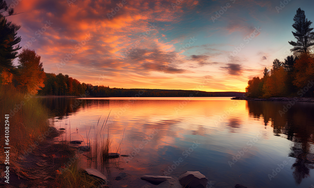 Sunset Lake - a landscape with a beautiful, peaceful sunset and a calm lake.
Generative AI