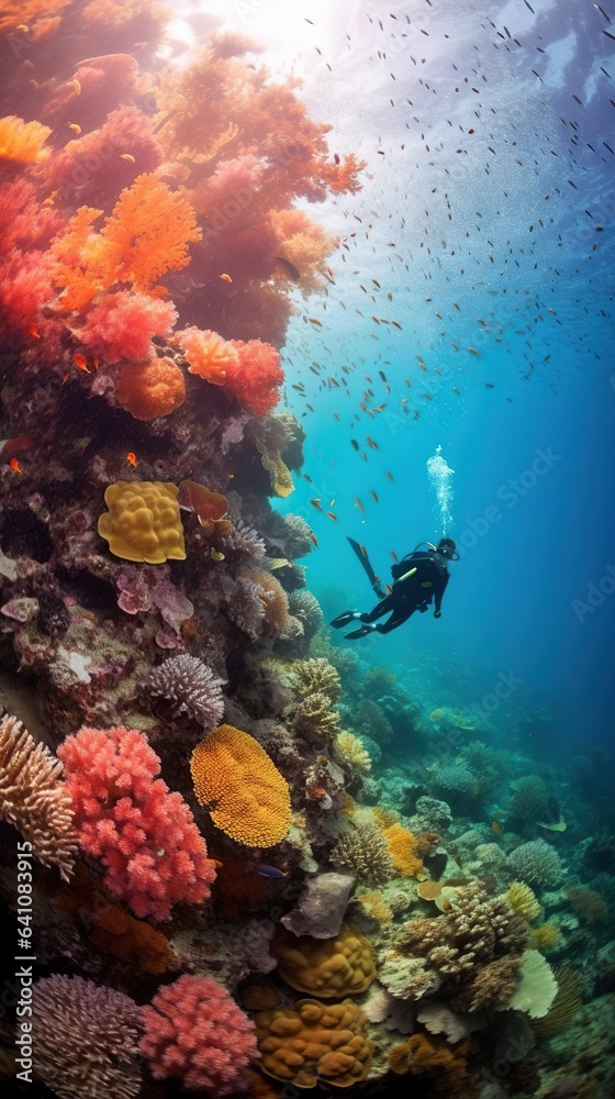 Naklejka premium Divers enjoy the colorful soft coral reefs underwater