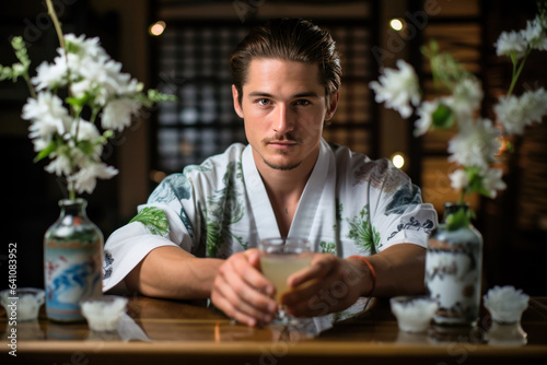 Handsome white man drinking sake