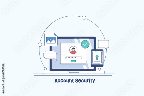 Digital business account login password identity two factor authentication securing personal and banking information privacy safety and data protection filled outline vector illustration.