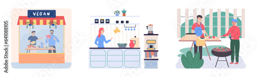 People cooking vegetarian food. Vector illustration. Chef cooks preparing food cook hands on the kitchen table. Set with people who cook and utensils. Food and cooking banner. Cooking vegatable