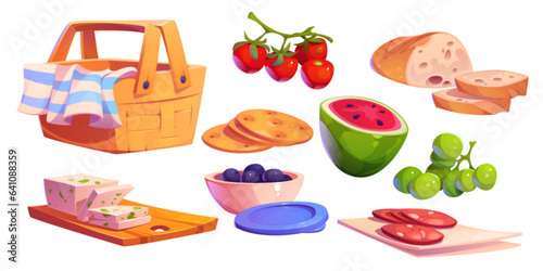 Picnic basket with blanket for park party cartoon set. Cloth in hamper for nature recreation and takeaway lunch food game object collection. Cutboard with cheese, tomato, watermelon and grape element