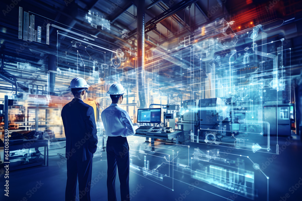 Futuristic Technology Concept: Team of Engineers and Professionals Workers in Heavy Industry Manufacturing Factory that is Digitalized with Graphics into Digital Twin of Industry Futuristic Technology Concept: Team of Engineers and Professionals Workers in Heavy Industry Manufacturing Factory that is Digitalized with Graphics into Digital Twin of Industry