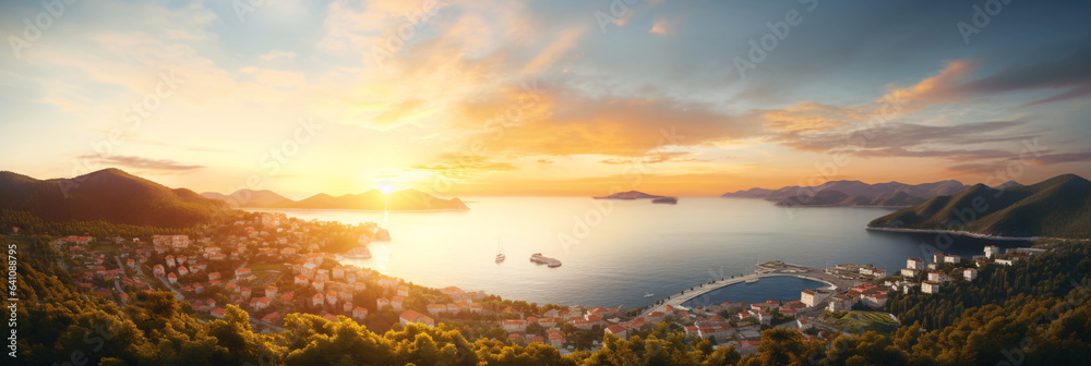 A breathtaking aerial view of a coastal city during sunset, with the golden hues of the sun reflecting off the buildings and the sea.