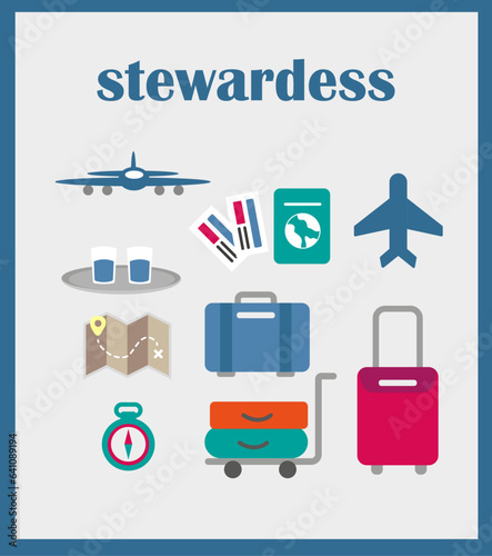 A set of illustrations. Badges for pilots, flight attendants and travelers. Plane, tickets, passport, luggage, suitcase, map, compass. Vector illustration in a flat style