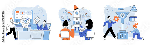 Team solving complex problems. Teamwork vector illustration metaphor. Coworkers characters communication Team building and business partnership concept Brainstorming team discuss about new project