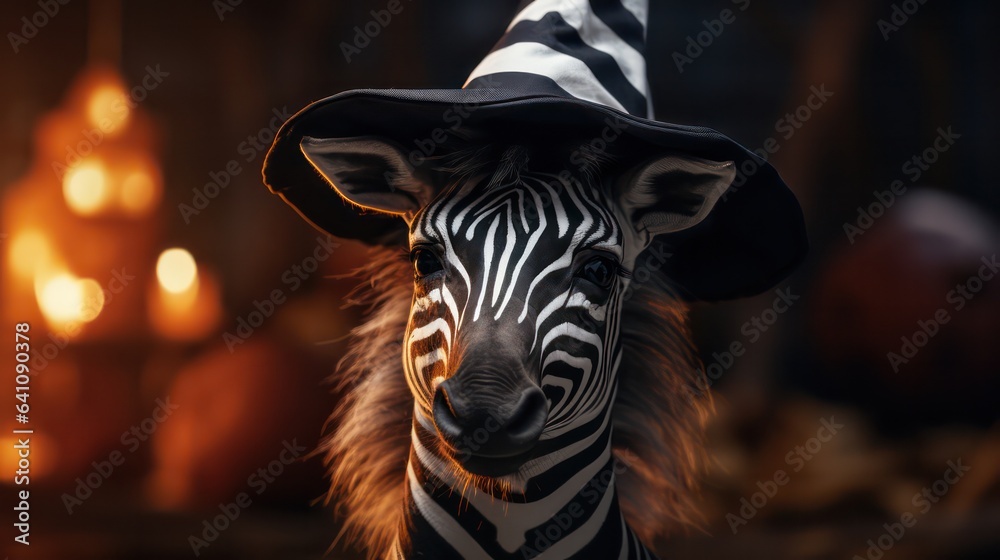 a photograph of cute zebra use witch hat for halloween celebration generative ai