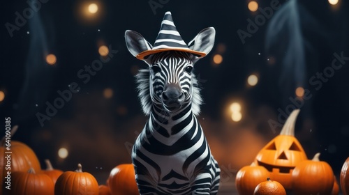 a photograph of cute zebra use witch hat for halloween celebration generative ai