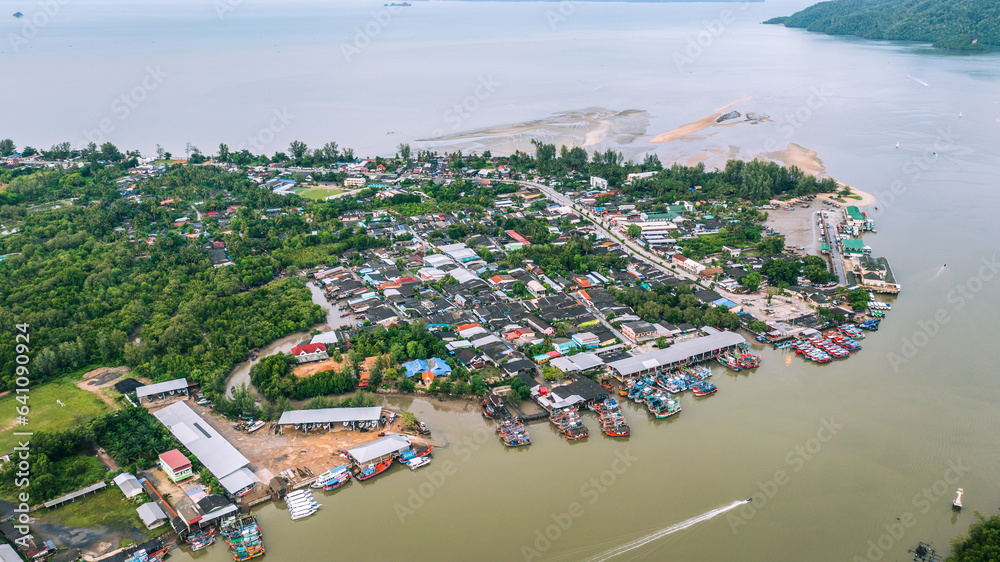 Aerial view of tourist pier at Pakbara, Satun, Thailand.
