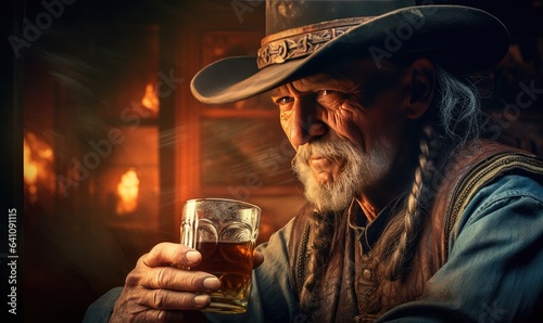 Photo of a man in a cowboy hat enjoying a refreshing glass of beer