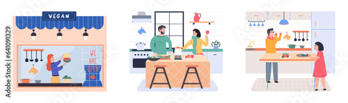 People cooking vegetarian food. Vector illustration. Man and woman with children preparing food for dinner. People cooking. Husband and wife are preparing together. Man and woman in the kitchen