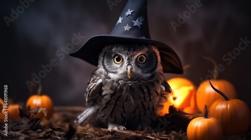 a photograph of cute owl use witch hat for halloween celebration generative ai
