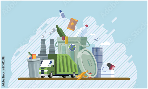 Waste and container on street exterior vector illustration. Environmental contamination by industrial production. Scene pile of waste in polluted city. Harm to environment, pollution of ecology