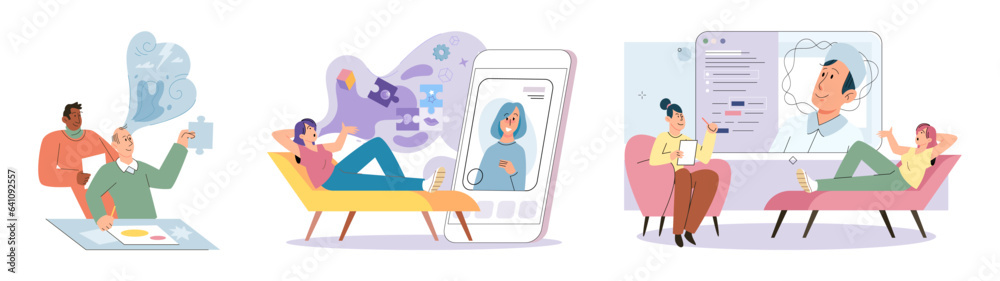 Counselling assistance of a psychologist. Patients problem. Psychologist has an individual meeting with her patient. Psychotherapists, psychologists work with mental health of clients, patients