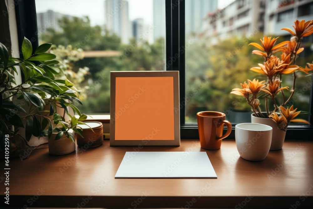 Photo frame on table and city view on window, generate of Ai.