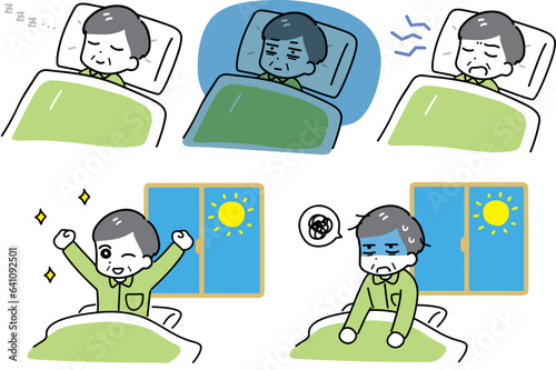 布団＆パジャマのシニア男性と睡眠のイラストセット(上半身)