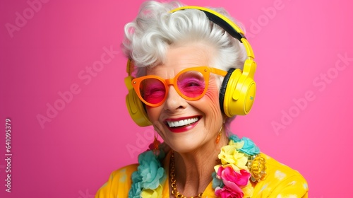 A woman in a yellow jacket listening to music with headphones