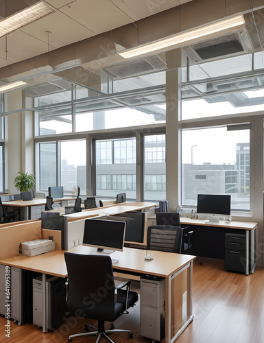 Generative KI lichtdurchflutetes Büro mit großen Fenstern, moderner Arbeitsplatz