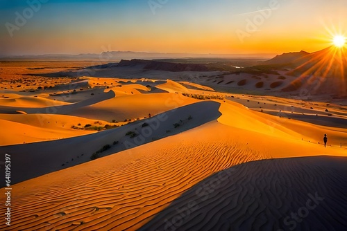 A vast expanse of sand dunes stretches into the distance under the warm hues of a setting sun