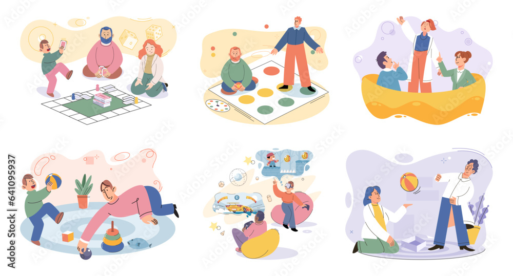 Game together. Family fun. Friendship time. Vector illustration. Board games offer endless possibilities for people of all ages to come together and enjoy The laughter and excitement during game night